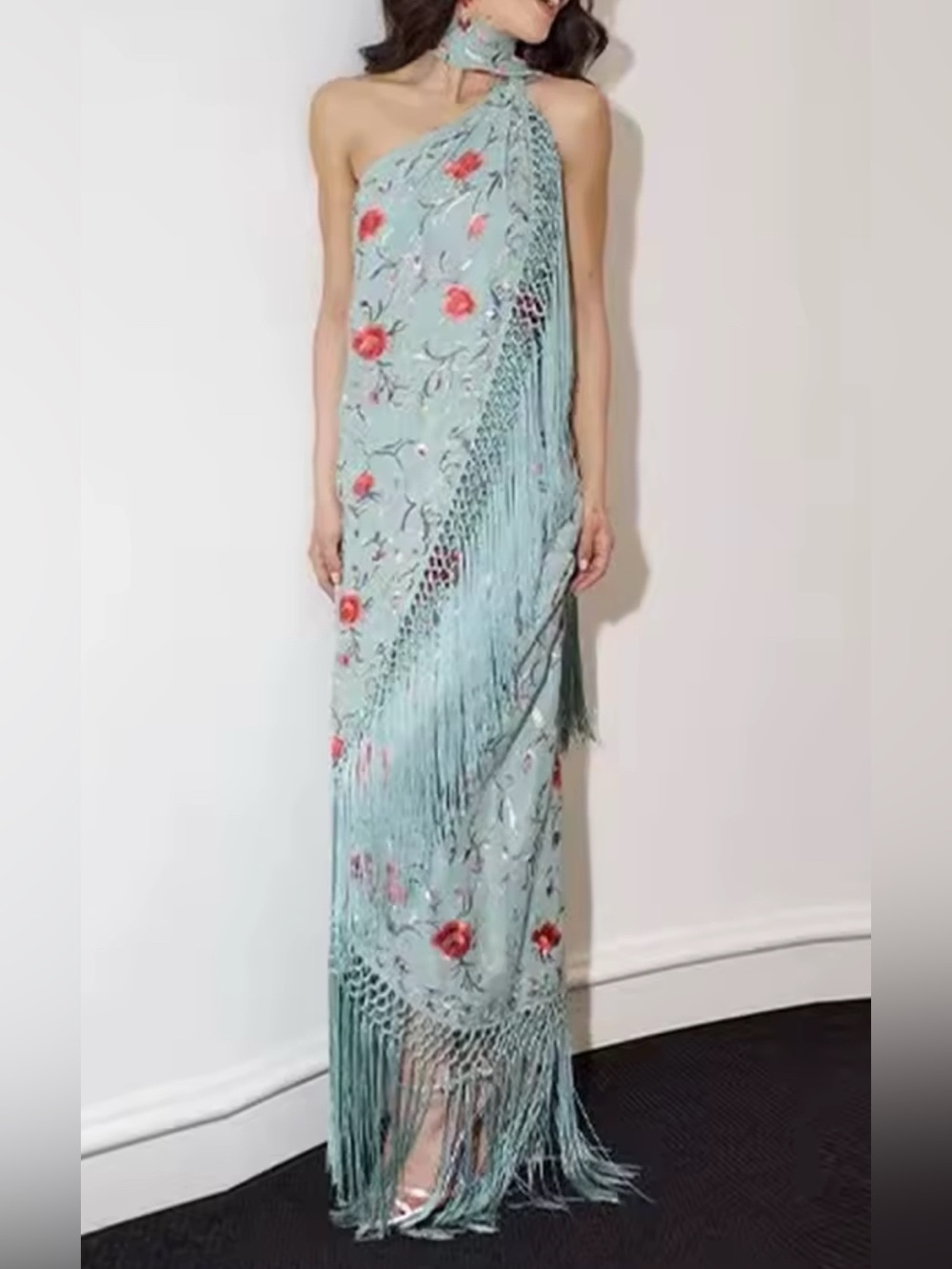 NEW $125 Seia Green Floral Fringe Halter Maxi Dress